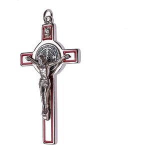 St Benedict Cross Medal Crucifix 3" Silver Plated Plated with Red Enamel