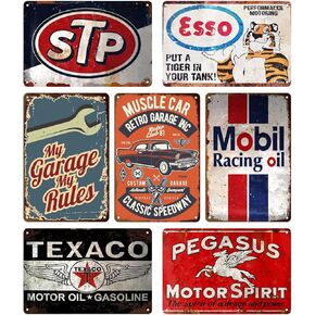 7 Pcs Vintage Metal Tin Signs Retro Garage Signs For Men Wall Decorations Old Car Shop Posters Oil And Gas Station Sign Man Cave Decor 8×12 Inch（7pcs）