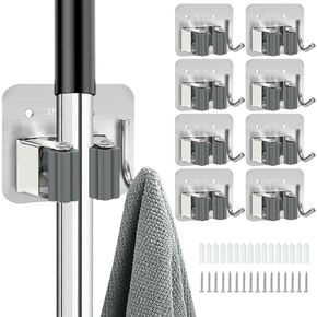 8 Pack Broom Holder Wall Mount, Stainless Steel Broom Holder with Hooks Screw, Heavy Duty & Rust Resistant, Mop and Broom Holder Wall Mount for Bathroom Kitchen Laundry Room Garage (Silver)