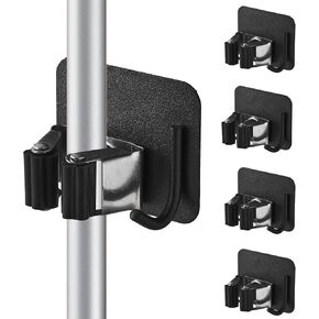 4 Pcs Stainless Steel Broom Holder, Heavy Duty Garden Organizer Rack Rake and Shovel Handle Square Rust Resistant Broom Holder Wall Mount for Kitchen Bathroom Closet Garden Garage - Gray