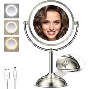 Makeup Mirror with Lights, 20X Magnifying Mirror with Light and 3 Colors, 8.5" Vanity Mirror for Desk and Adjustable Brightness, 2-Sided Physical Buttons Tabletop Mirror with Lights (Nickel Alloy)