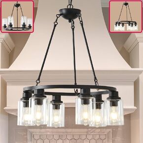 32“ Black Wagon Wheel Chandelier, 12-Light Farmhouse Glass Pendant Lights Kitchen Island Round Hanging Lighting fixtures Ceiling for Living Room, Dining Room, Kitchen Island, Entryway, Foyer