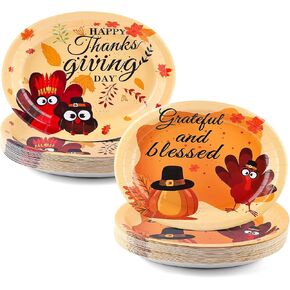 60PCS Thanksgiving Oval Paper Plates -10" x 12" Heavy Duty Party Plates for Fall and Thanksgiving Party