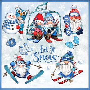 Mfault Winter Gnome Window Clings 9 Sheets, Let It Snow Snowman Skiing Board Cable Car Stickers Decals Decorations, Seasonal Coffee Mitten Stocking Snowball Christmas Home Kitchen Decor