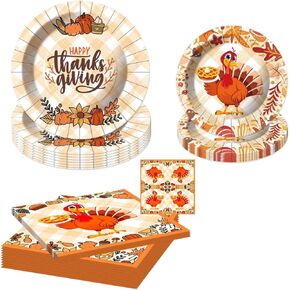 48pcs Thanksgiving Paper Plates,Thanksgiving Disposable Plates,Thanksgiving Party Set -16 9" Dinner Plates 16 7" Dessert Plates, and 16 Napkins Turkey