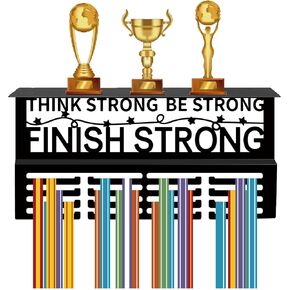 CREATCABIN Medal Hanger Display Trophy Shelf with 16 Hooks Metal Medal Holder Stand Sports Wall Mount Hold 70+ Medals Organizer Rack for Soccer Awards 15.7x7.9Inch-Think Strong Be Strong Finish Strong