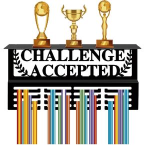 CREATCABIN Medal Hanger Display Trophy Shelf with 16 Hooks Metal Medal Holder Stand Sports Wall Mount Hold 70+ Medals Organizer Rack for Soccer Awards 15.7x7.9Inch-Think Strong Be Strong Finish Strong