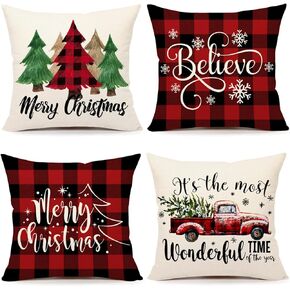 4TH Emotion Buffalo Check Christmas Pillow Covers 18x18 Set of 4 Red Black Farmhouse Christmas Decorations Winter Holiday Decor Throw Cushion Case for Home Couch S22C38