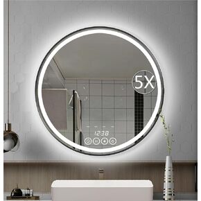 Wall-Mounted Round Bathroom Mirror with LED-Lights - 24 Inch Frame Vanity Mirrors with Dimmable (24" x 24", Black) (24x24)