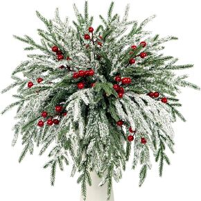 Set of 40 Artificial Norfolk Pine Branches with Red Berry 12.8" Christmas Greenery Picks Norfolk Pine Stems Fake Pine Tree Needle Sprigs for Vase Filler DIY Craft Garland Home Decorations (Frost)