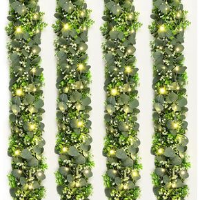 2Pcs Eucalyptus Garland with Lights, Greenery Garland, Green Garland with Flowers, 5.9FT Artificial Faux Eucalyptus Leaves Vines for Table Mantle Home Wedding Party Indoor Outdoor Decor