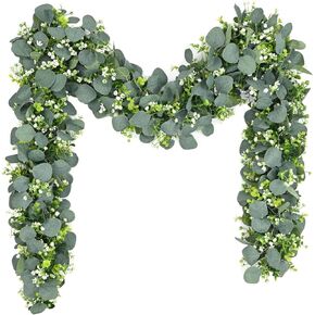 2Pcs Eucalyptus Garland with Lights, Greenery Garland, Green Garland with Flowers, 5.9FT Artificial Faux Eucalyptus Leaves Vines for Table Mantle Home Wedding Party Indoor Outdoor Decor