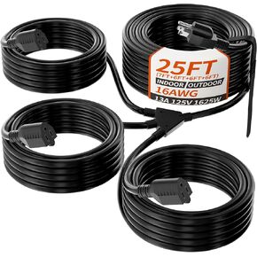 1 to 3 Splitter Outdoor Extension Cord with Multiple Outlets; 25FT Total (7+6+6+6) 13FT End to End; 16/3 SJTW Green Extension Cord Outdoor Waterproof for Halloween Christmas; 16AWG 1625W ETL