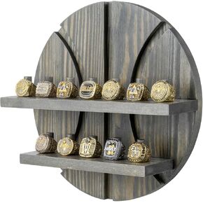 MyGift 2 Tier Wall Mounted Rustic Burnt Solid Wood Sports Championship Ring Holder with Basketball Cutout Backing, Jewelry Storage Display with 12 Pegs