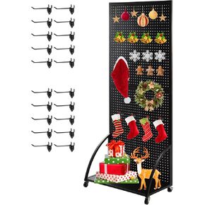 2.5'x 6' Metal Pegboard Display Stand with Base Plate, Black Standing Pegboard Panels Display with Wheels, Craft Show Display Rack, Art Display Stand, Retail Display, Extra 20 pieces Hooks