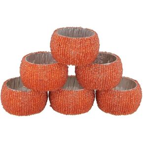 Handmade Indian Beaded Napkin Rings for Christmas, Thanksgiving, Holiday Party, Dinner Party - Napkin Holder Set of 6 (Orange)