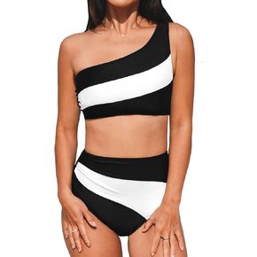 CUPSHE Women's Bikini Sets Two Piece Swimsuit High Waisted One Shoulder Color Block Ruched Asymmetrical