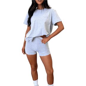 SHENHE Women's Tracksuit 2 Piece Outfits Short Sleeve Loose T Shirt and Biker Shorts Loungewear Set