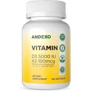 Vitamin D3 5000 IU with K2 100 mcg, 100 Soft-Gels for Healthy Muscle Function, 2 in 1 Support Immune, Optimal Calcium Absorption. Non-GMO, Gluten-Free, Soy-Free, Dairy-Free.