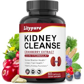 23-In-1 Kidney Cleanse Detox & Repair with 50:1 Cranberry Extract | Kidney Support Supplement Plus Dandelion, Uva Ursi & Astragalus | Herbal Formula for Kidney & Urinary Tract Health | 60 Capsules