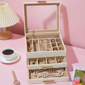3 -Layer Jewelry Box with Glass Lid, 2 Drawers Jewelry Organizer for Big and Small Jewelry Storage, Gifts for Women, Girls, Mom, Birthday (Black)