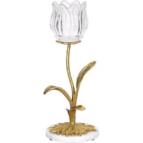 Candle Holder, Cut Rose Shaped Brass Taper Candle Holders, High-end Light Luxury Creative Art Crystal Glass Rose Candle Holders Marble Disc Base Romantic Ambiance Table Decoration