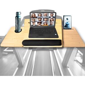 Treadmill Desk Attachment – Adjustable Bamboo Laptop Holder with Riser, Cup & Phone Holder, Anti-Slip Pads, Stable Straps for Home or Office Walking Workstations