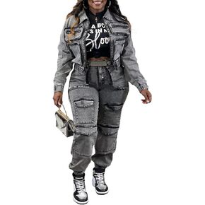 Voghtic Women's Two Piece Denim Outfits Long Sleeve Zipper Jean Jacket Cargo Pant Matching Sets