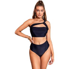 GORGLITTER Women's One Shoulder Swimsuit Cut Out High Waisted Thong Bikini Set Bathing Suits