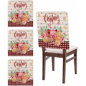 Christmas Chair Back Cover Gingerbread Snowflake Xmas Tree Dining Chair Slipcovers Buffalo Plaid Removable Strench Chair Protector for Kitchen Decoration Set of 6