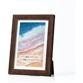 Rustic Walnut 4x6 Picture Frame, Fits 3x5 with Mat or 4x6 without Mat, Tabletop and Wall Display, 1 Pack