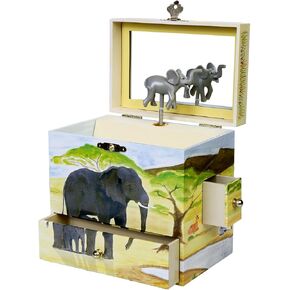 Savanna Musical Jewelry Box Elephant Spins to Baby Elephant Walk 3 Pullout Drawers Treasure Storage