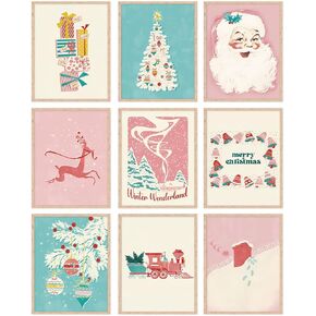 JarThenaAMCS 9 Sheet Blue Pink Christmas Wall Art Prints Watercolor Winter Wonderland Xmas Tree Santa Art Poster for Living Room Bedroom Decor, 8 x 10 Inch, Unframed
