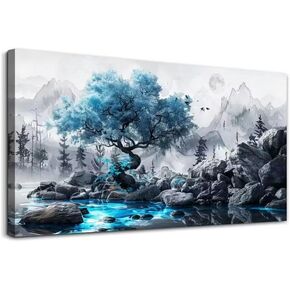 FUHAIHUA Canvas Wall Art For Living Room Large Wall Decor For Office Bedroom Decor Black And White Wall Pictures Artwork Blue Tree Landscape Paintings Ready To Hang Hotel Room Decoration 30x60 In