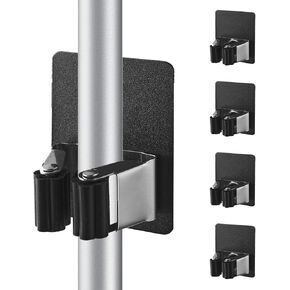 4 Pcs Stainless Steel Broom Holder, Heavy Duty Garden Tool Organizer Rack Rake, Square Rust Resistant Broom Holder Wall Mount for Kitchen Bathroom Closet Garden Garage - Gray