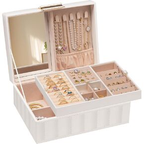 HOOBRO 2-Tier Jewelry Box with Mirror, Jewelry Organizer with Removable Tray, Jewelry Storage Box, PU Leather with Stitching, Christmas Gift, for Earring, Necklace, Bracelet, Ring, White WT15JB04