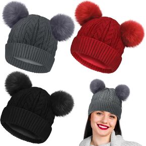 Ficerd 3 Pcs Winter Satin Lined Warm Hats Pom Pom Ears Beanies Hat Satin Beanie for Curly Long Hair Women Girls Winter Knit Hats, 3 Colors