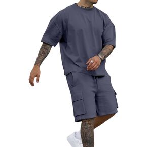 Opomelo Mens Short Sets 2 Piece Outfits - Casual Summer Short Sleeve Sweatsuits Sets for Men with Cargo Pocket