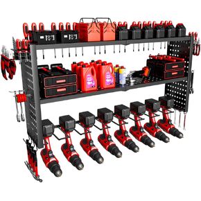 Power Tool Organizer for Tool Storage 8 Drill Holder Wall Mount, 4 Layer Tool Storage Organizer with Pegboard Storage Shelf with Hooks, Tool Shelf with Screwdriver/Plier/Hammer Holder