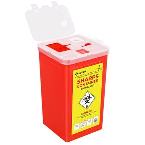 AUVON Sharps Container for Home Use with Versatile Ports & User-Friendly Groove to Open, 1 Quart Needle and Syringe Disposal Containers with Yellow Bold Label, Compact Container for Travel, 1-Pack