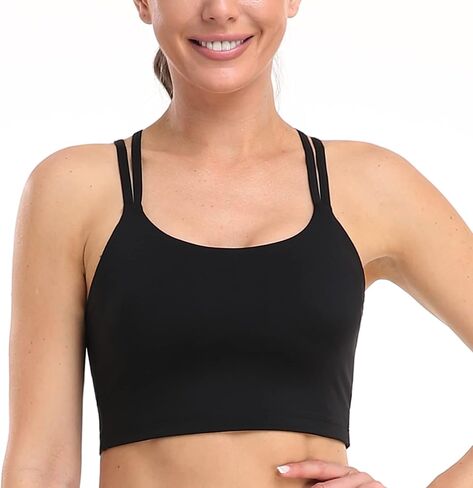 HSIA Women's Sports Bra, Yoga Tank Tops Workout Padded Medium Support Longline Strappy Crisscross Back in Kuwait