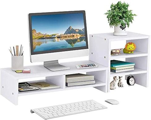 Estink Computer Monitor Stand Riser with Drawers, Universal Wooden Adjustable Laptop TV Desktop Monitor Stand, Storage Organizer Sit + 3-Layer Shelf for Laptop PC Computer Durable and Sturdy (Black) in Saudi Arabia