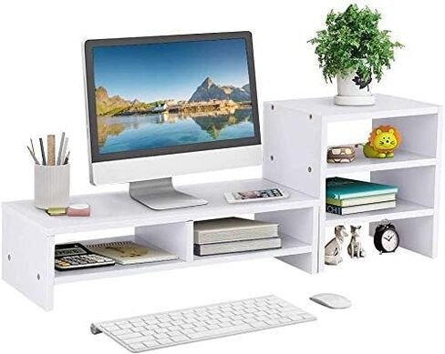 Estink Computer Monitor Stand Riser with Drawers, Universal Wooden Adjustable Laptop TV Desktop Monitor Stand, Storage Organizer Sit + 3-Layer Shelf for Laptop PC Computer Durable and Sturdy (Black) in Saudi Arabia