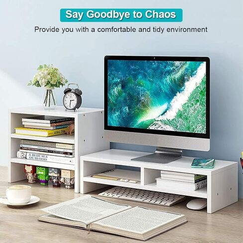 Estink Computer Monitor Stand Riser with Drawers, Universal Wooden Adjustable Laptop TV Desktop Monitor Stand, Storage Organizer Sit + 3-Layer Shelf for Laptop PC Computer Durable and Sturdy (Black) in Saudi Arabia