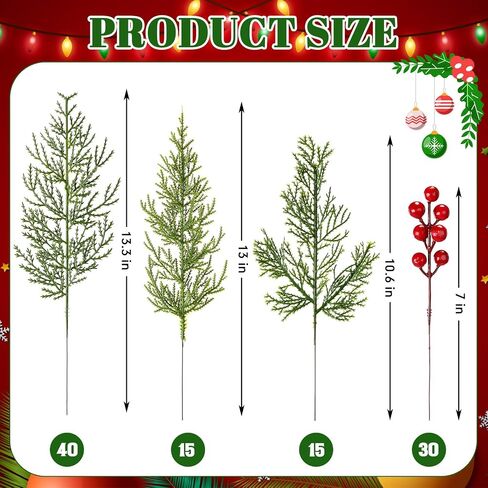 100 Pcs Christmas Artificial Pine Branches with Red Berry Stems Faux Pine Greenery Stems 4 Styles Fake Cedar Stems Christmas Sprigs for DIY Wreaths Garland Craft Home Decoration in Saudi Arabia