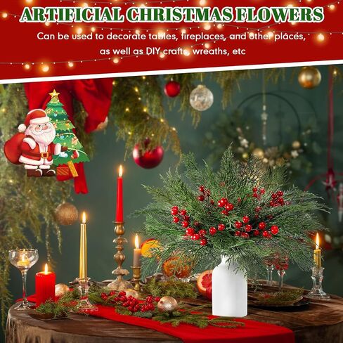 100 Pcs Christmas Artificial Pine Branches with Red Berry Stems Faux Pine Greenery Stems 4 Styles Fake Cedar Stems Christmas Sprigs for DIY Wreaths Garland Craft Home Decoration in Saudi Arabia