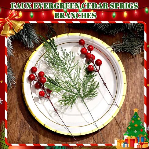 100 Pcs Christmas Artificial Pine Branches with Red Berry Stems Faux Pine Greenery Stems 4 Styles Fake Cedar Stems Christmas Sprigs for DIY Wreaths Garland Craft Home Decoration in Saudi Arabia