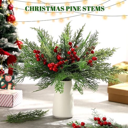 100 Pcs Christmas Artificial Pine Branches with Red Berry Stems Faux Pine Greenery Stems 4 Styles Fake Cedar Stems Christmas Sprigs for DIY Wreaths Garland Craft Home Decoration in Saudi Arabia
