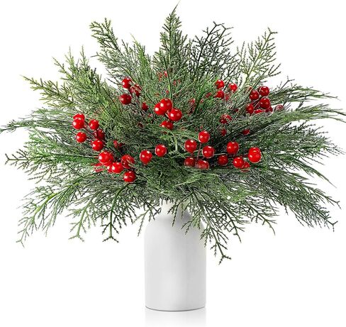 100 Pcs Christmas Artificial Pine Branches with Red Berry Stems Faux Pine Greenery Stems 4 Styles Fake Cedar Stems Christmas Sprigs for DIY Wreaths Garland Craft Home Decoration in Saudi Arabia