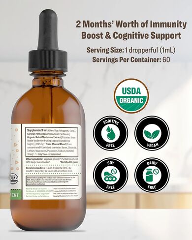 RawGuru Organic Reishi Mushroom Tincture - Reishi Mushroom Extract with Natural Trace Minerals - Nano-Processed Cognitive & Immune Support Supplement - 60 Servings of Vegan Drops per 60 ml, Pack of 1 in Saudi Arabia
